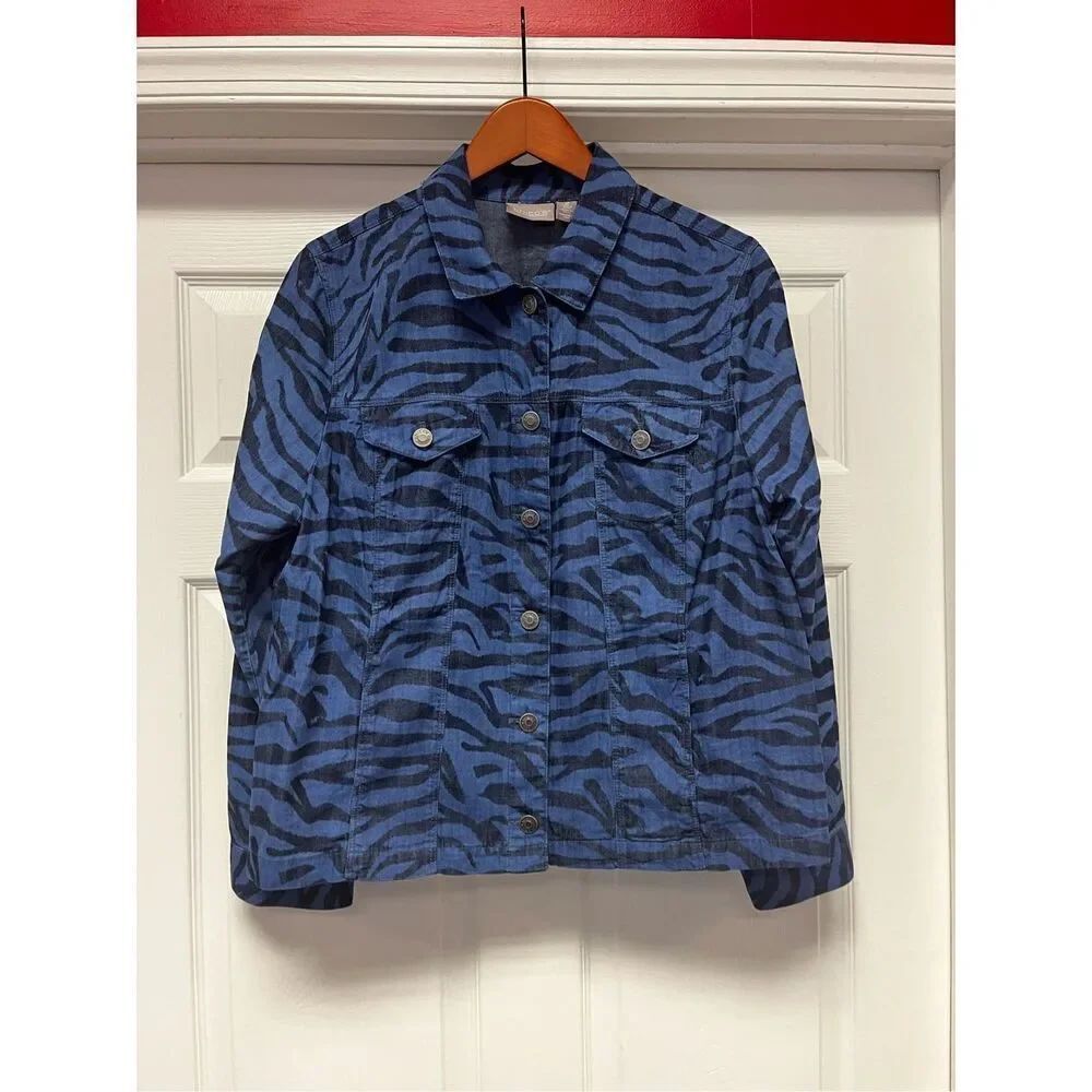 Chico’s Navy Animal Print Cotton Lyocell Denim Jacket sz 2 or M NWOT